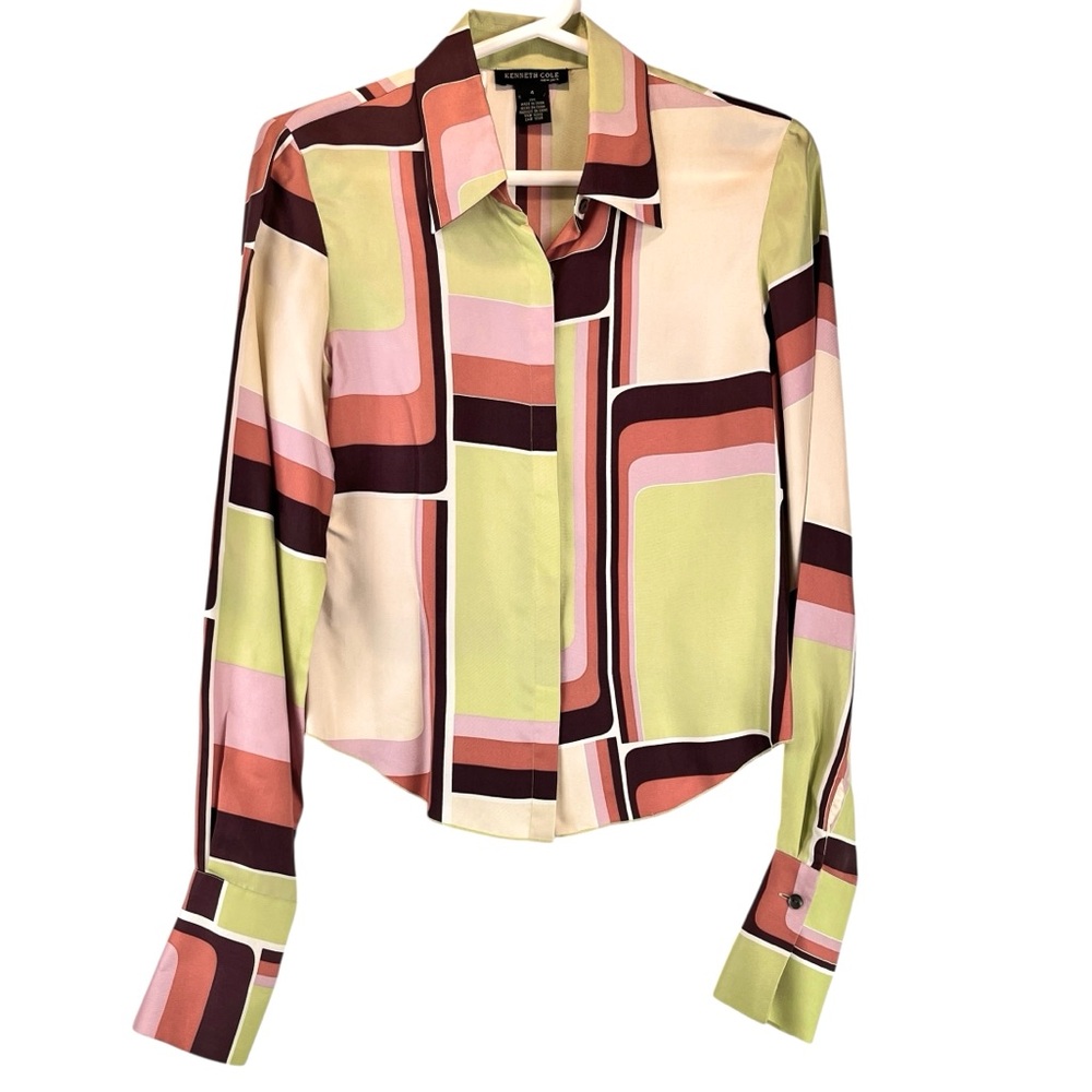 Vintage 100% Silk Shirt Geo Mod Print Long Sleeve Kenneth Cole Sz 4
